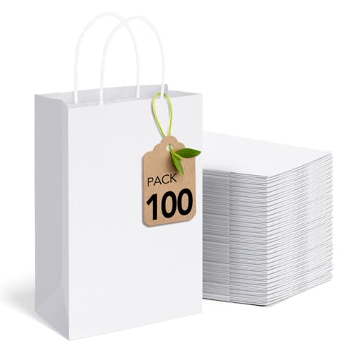 MESHA Paper Gift Bags 525x375x8 White Small Paper Bags with Handles Bulk100 Pcs Kraft Paper Bag for Small BusinessBirthday Wedding Party Favor BagPaper Shopping Bag